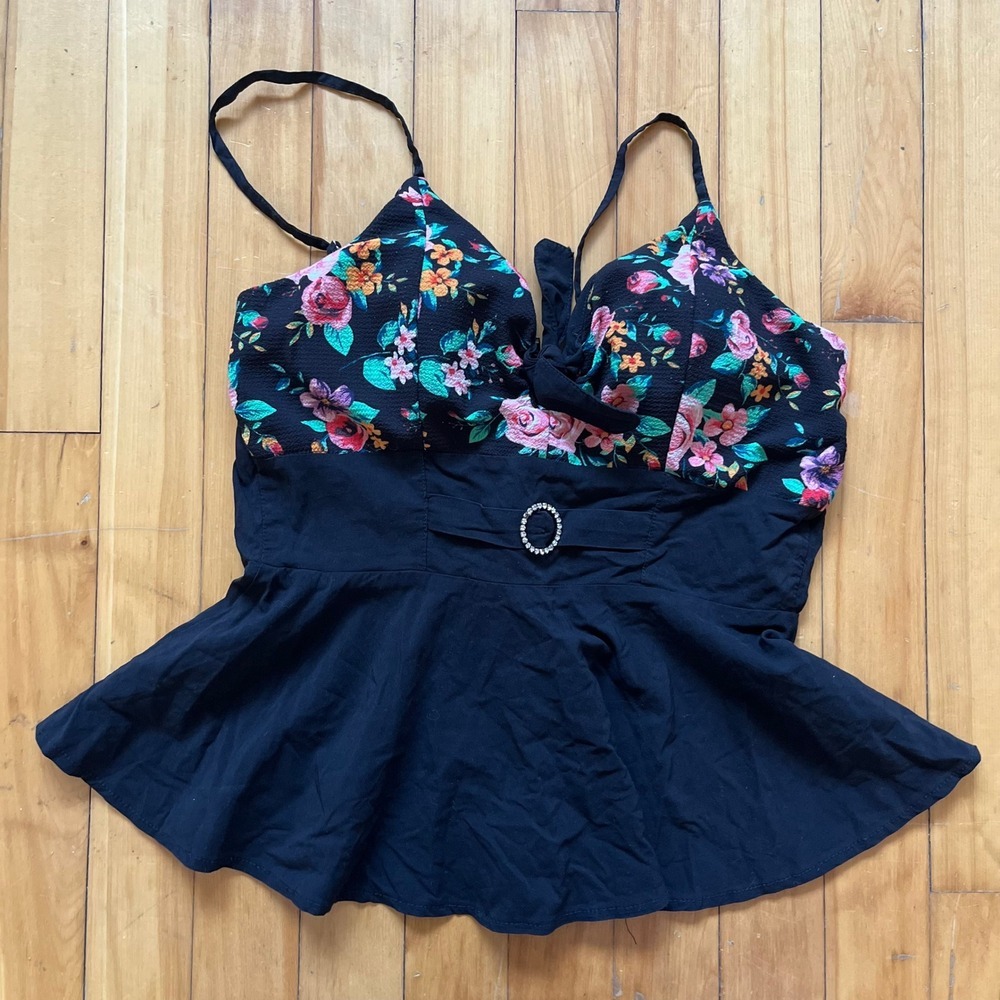 IVANNA Femme Black Floral Peplum Halter Top Size Large